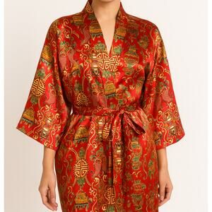 Vintage 70’s Chinese Theme Red‎ Satin Robe M/L Dragons Good Luck Novelty Print